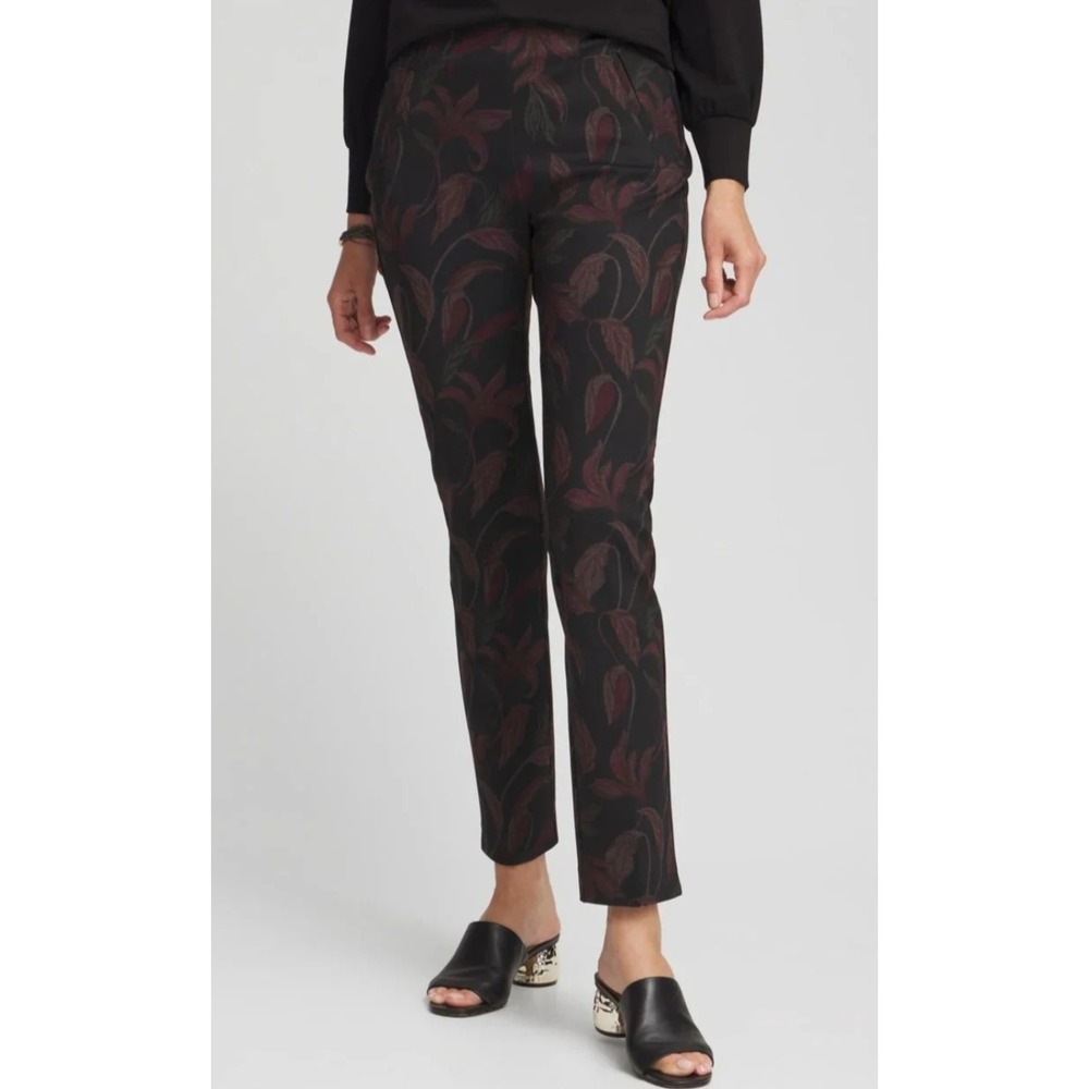Chicos‎ Juliet Floral Ankle Pants Black Burgundy Sz 3R US 16R Pull On Ponte Knit